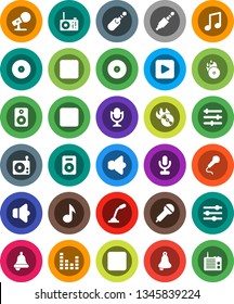 White Solid Icon Set- bell vector, music, disk, hit, microphone, radio, speaker, equalizer, play button, forward, backward, rec, jack