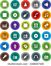 White Solid Icon Set- bell vector, music, disk, hit, microphone, radio, speaker, equalizer, headphones, play button, forward, backward, rec, jack