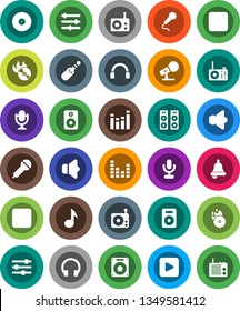 White Solid Icon Set- bell vector, music, disk, hit, microphone, radio, speaker, equalizer, headphones, play button, forward, backward, jack