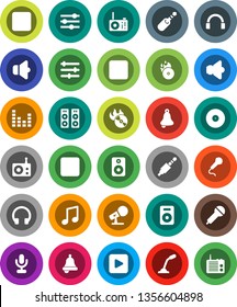 White Solid Icon Set- bell vector, music, disk, hit, microphone, radio, speaker, equalizer, headphones, play button, forward, backward, rec, jack