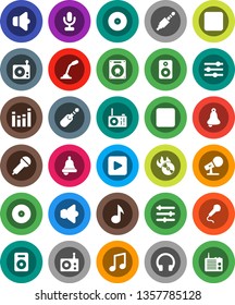 White Solid Icon Set- bell vector, music, disk, hit, microphone, radio, speaker, equalizer, headphones, play button, forward, rec, jack