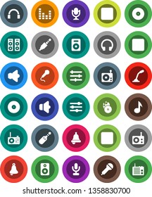 White Solid Icon Set- bell vector, music, disk, hit, microphone, radio, speaker, equalizer, headphones, forward button, backward, rec, jack