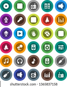 White Solid Icon Set- bell vector, music, disk, hit, microphone, radio, speaker, equalizer, headphones, play button, forward, backward, rec, jack