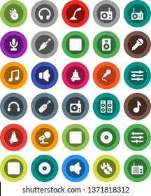White Solid Icon Set- bell vector, music, disk, hit, microphone, radio, speaker, headphones, forward button, backward, rec, jack, equalizer