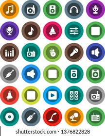 White Solid Icon Set- bell vector, music, disk, hit, microphone, radio, speaker, equalizer, headphones, play button, forward, backward, rec, jack
