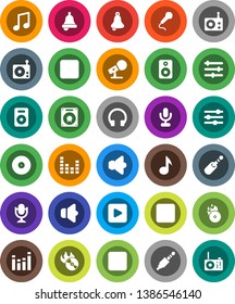 White Solid Icon Set- bell vector, music, disk, hit, microphone, radio, speaker, equalizer, headphones, play button, forward, backward, rec, jack