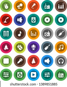 White Solid Icon Set- bell vector, music, disk, hit, microphone, radio, speaker, equalizer, headphones, play button, backward, jack