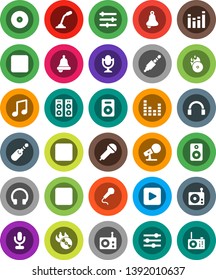 White Solid Icon Set- bell vector, music, disk, hit, microphone, radio, equalizer, headphones, speaker, play button, forward, backward, rec, jack