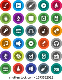 White Solid Icon Set- bell vector, music, disk, hit, microphone, radio, speaker, headphones, play button, backward, jack, equalizer