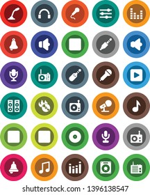 White Solid Icon Set- bell vector, music, disk, hit, microphone, radio, speaker, equalizer, headphones, play button, forward, backward, rec, jack