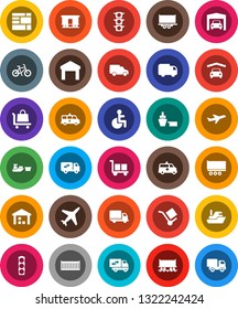 White Solid Icon Set- bike vector, Railway carriage, plane, traffic light, ship, truck trailer, sea container, delivery, car, port, consolidated cargo, warehouse, disabled, amkbulance, garage
