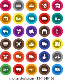 White Solid Icon Set- bike vector, Railway carriage, plane, traffic light, ship, truck trailer, sea container, delivery, car, port, consolidated cargo, warehouse, disabled, amkbulance, garage