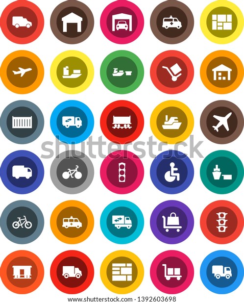 White Solid Icon Set- bike vector, Railway\
carriage, plane, traffic light, ship, sea container, delivery, car,\
port, consolidated cargo, warehouse, disabled, amkbulance, garage,\
relocation truck