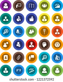 White Solid Icon Set- blackboard vector, student, manager, personal information, horizontal bar, stairways run, client, speaking man, group, disabled, doctor, crutches, head bandage, user, login