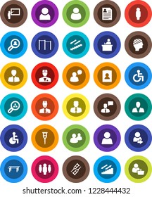 White Solid Icon Set- blackboard vector, student, manager, man, personal information, horizontal bar, stairways run, speaking, group, disabled, doctor, crutches, head bandage, user, login, consumer
