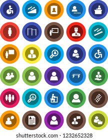 White Solid Icon Set- blackboard vector, student, manager, man, personal information, horizontal bar, stairways run, client, speaking, group, disabled, doctor, crutches, user, login, search