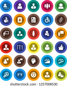 White Solid Icon Set- blackboard vector, student, manager, man, personal information, horizontal bar, stairways run, client, speaking, disabled, doctor, crutches, head bandage, user, login, search
