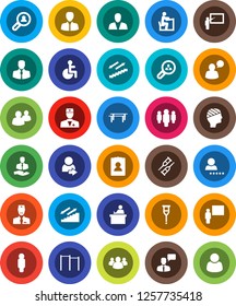 White Solid Icon Set- blackboard vector, student, manager, man, personal information, horizontal bar, stairways run, client, speaking, group, disabled, doctor, crutches, head bandage, login, search