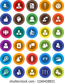 White Solid Icon Set- blackboard vector, student, manager, man, personal information, horizontal bar, stairways run, speaking, group, disabled, doctor, crutches, head bandage, user, login, consumer