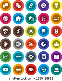 White Solid Icon Set- blackboard vector, certificate, magnet, world, flag, graph, coin stack, jump rope, skateboard, no fastfood, first aid kit, delivery, route, link, finger up, hdmi, crutches