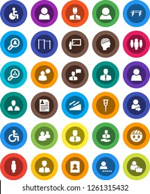 White Solid Icon Set- blackboard vector, manager, man, personal information, horizontal bar, stairways run, client, speaking, group, disabled, crutches, head bandage, doctor, user, login, search