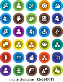 White Solid Icon Set- blackboard vector, student, manager, man, personal information, horizontal bar, stairways run, client, speaking, group, disabled, crutches, head bandage, doctor, user, login