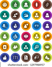 White Solid Icon Set- blackboard vector, student, manager, man, personal information, horizontal bar, stairways run, client, speaking, group, disabled, crutches, head bandage, user, login, search