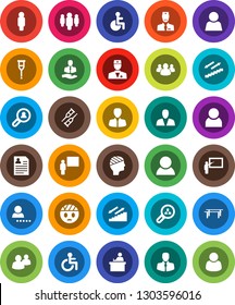 White Solid Icon Set- blackboard vector, student, manager, man, personal information, horizontal bar, stairways run, client, group, disabled, doctor, crutches, head bandage, user, login, search
