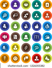 White Solid Icon Set- blackboard vector, student, manager, man, personal information, horizontal bar, stairways run, client, speaking, group, disabled, doctor, crutches, head bandage, user, login