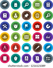 White Solid Icon Set- book vector, copybook, pen, university, school building, drawing compass, glasses, case, backpack, apple fruit, telescope, bell, calculator, alarm clock, schedule, clipboard