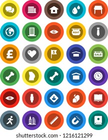 White Solid Icon Set- book vector, ruler, magnet, man, dollar flag, tie, pound, buttocks, bone, run, earth, clock, dry cargo, flammable, dialog, heart, eye, blood drop, sale signboard, rent, table