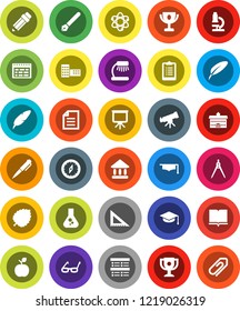 White Solid Icon Set- book vector, graduate hat, pen, university, pencil, school building, corner ruler, drawing compass, glasses, apple fruit, atom, telescope, microscope, table lamp, schedule