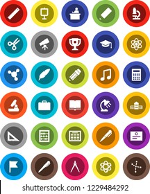 White Solid Icon Set- book vector, graduate hat, pen, pencil, school building, corner ruler, drawing compass, student, case, atom, telescope, microscope, table lamp, calculator, schedule, award cup