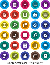 White Solid Icon Set- book vector, copybook, pencil, blackboard, drawing compass, student, case, table lamp, calculator, notebook pc, schedule, magnet, scissors, abacus, music, archive, flag, leaf
