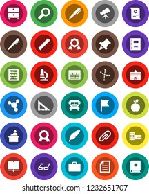 White Solid Icon Set- book vector, copybook, pen, university, school building, corner ruler, glasses, student, case, apple fruit, telescope, microscope, schedule, paper pin, medal, certificate, bus