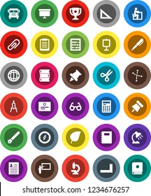 White Solid Icon Set- book vector, copybook, pen, blackboard, corner ruler, drawing compass, glasses, student, table lamp, calculator, clipboard, paper pin, award cup, certificate, scissors, abacus