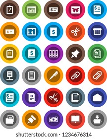 White Solid Icon Set- book vector, pen, schedule, clipboard, paper pin, certificate, cash, annual report, binder, receipt, document, mail, network, attachment, plan, estate, gift, shopping list