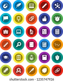 White Solid Icon Set- book vector, copybook, graduate hat, pen, university, pencil, ruler, student, microscope, calculator, notebook pc, alarm clock, clipboard, medal, magnet, abacus, presentation