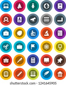 White Solid Icon Set- book vector, copybook, pen, university, corner ruler, student, case, atom, telescope, microscope, bell, calculator, notebook pc, clipboard, paper pin, medal, scissors, abacus