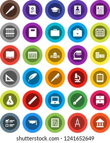 White Solid Icon Set- book vector, copybook, graduate hat, pen, school building, corner ruler, drawing compass, case, microscope, table lamp, notebook pc, schedule, clipboard, certificate, abacus