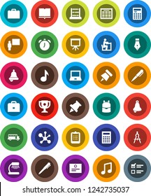 White Solid Icon Set- book vector, pen, blackboard, drawing compass, student, case, backpack, bell, table lamp, calculator, notebook pc, alarm clock, schedule, clipboard, paper pin, award cup, music