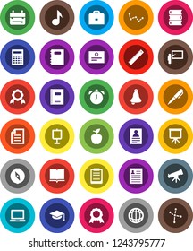 White Solid Icon Set- book vector, copybook, graduate hat, blackboard, ruler, case, backpack, apple fruit, pen, telescope, bell, calculator, notebook pc, alarm clock, clipboard, compass, medal