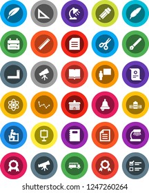White Solid Icon Set- book vector, copybook, pen, university, pencil, school building, blackboard, corner ruler, student, backpack, atom, telescope, bell, table lamp, medal, certificate, scissors