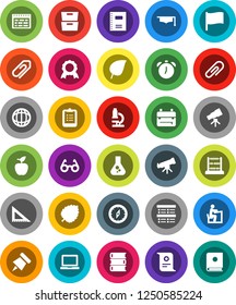 White Solid Icon Set- book vector, copybook, graduate hat, corner ruler, glasses, student, backpack, apple fruit, telescope, microscope, notebook pc, alarm clock, schedule, clipboard, paper pin