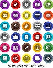 White Solid Icon Set- book vector, copybook, pen, schedule, clipboard, paper pin, certificate, document, constellation, exam, cash, check, annual report, receipt, binder, money, newspaper, thumbtack