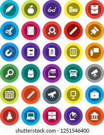 White Solid Icon Set- book vector, copybook, pen, school building, blackboard, ruler, glasses, case, backpack, apple fruit, telescope, bell, table lamp, notebook pc, schedule, clipboard, paper pin
