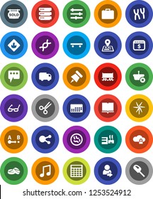 White Solid Icon Set- book vector, glasses, paper pin, music, case, calculator, dollar calendar, skateboard, navigator, Railway carriage, flammable, route, social media, dna, scissors, pills, login