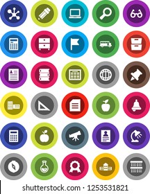 White Solid Icon Set- book vector, pencil, school building, corner ruler, glasses, apple fruit, telescope, bell, table lamp, calculator, notebook pc, schedule, paper pin, compass, medal, bus, world