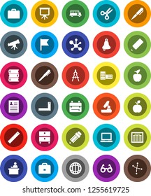 White Solid Icon Set- book vector, pencil, school building, corner ruler, drawing compass, glasses, student, case, backpack, apple fruit, pen, telescope, microscope, bell, notebook pc, schedule, bus
