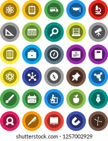 White Solid Icon Set- book vector, copybook, graduate hat, pen, corner ruler, student, case, backpack, apple fruit, atom, telescope, microscope, schedule, clipboard, paper pin, compass, medal